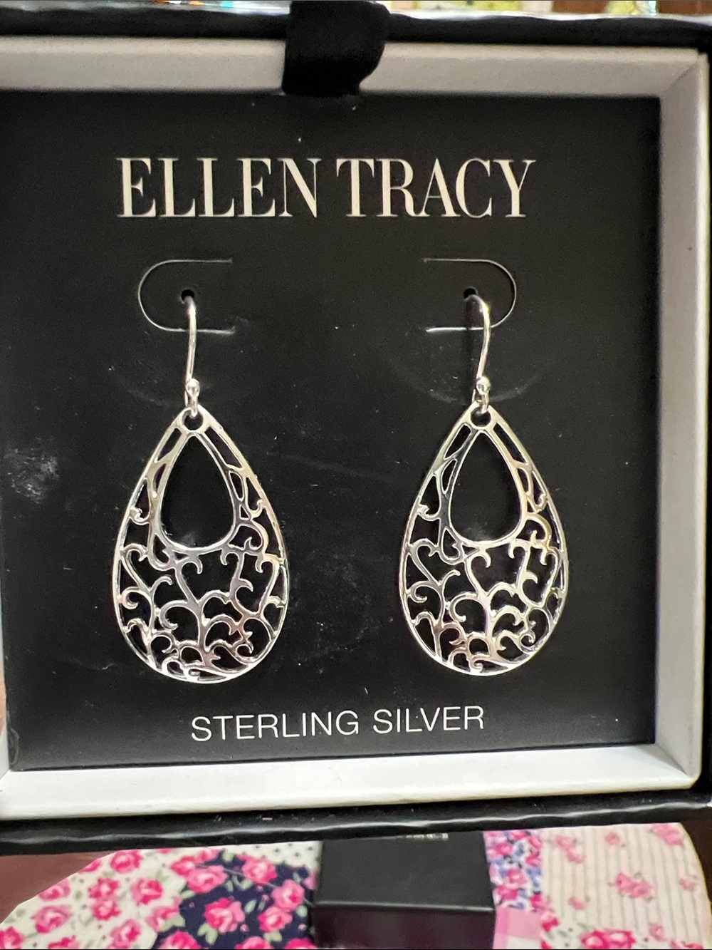 New Ellen Tracy Silver Filigree Teardrop Dangle Earrings